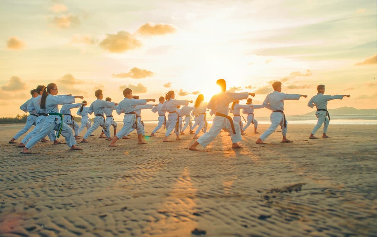 Martial arts students practicing together outdoors